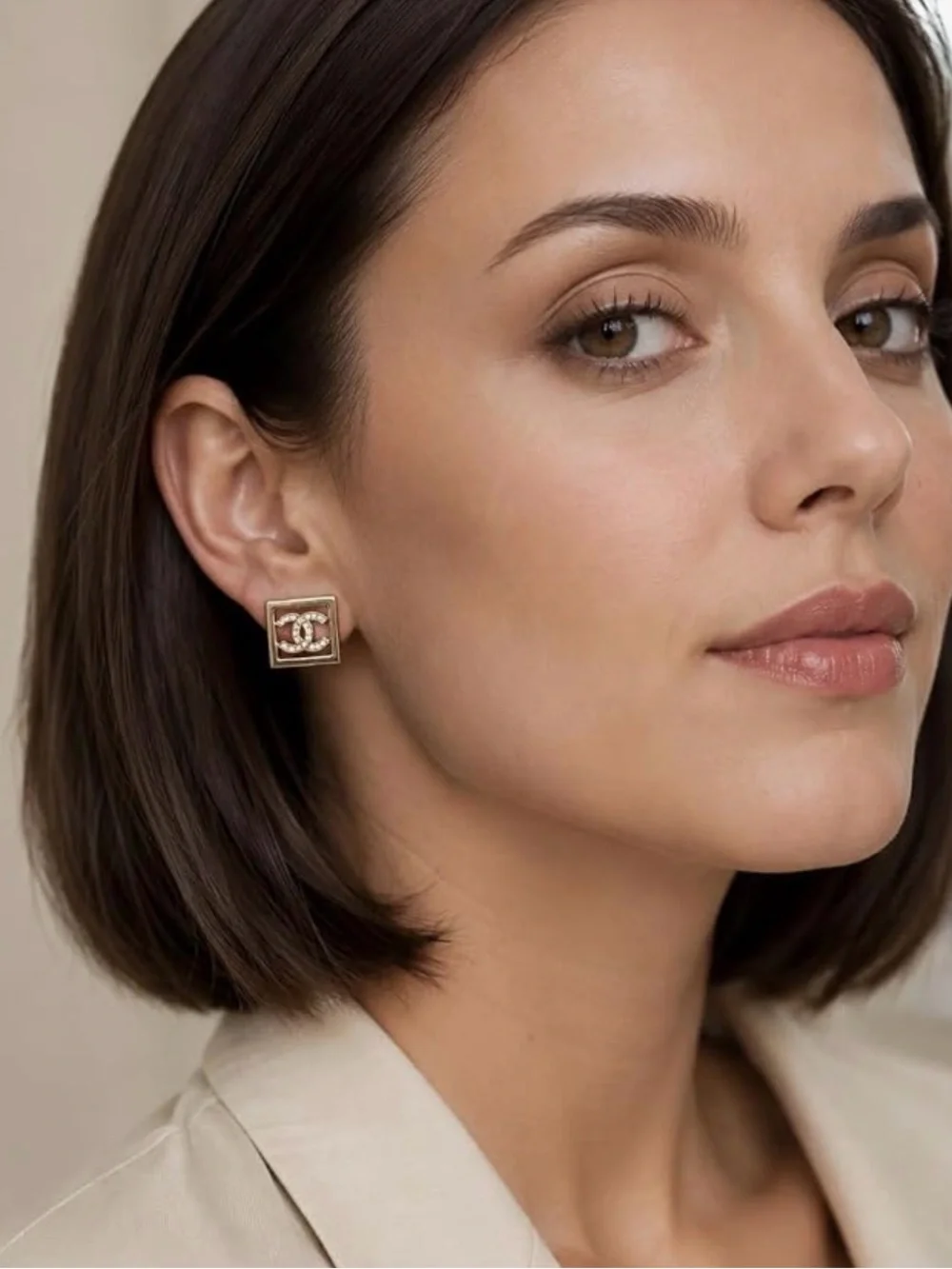 Gold CC Square-Frame Logo Crystal Stud Earrings